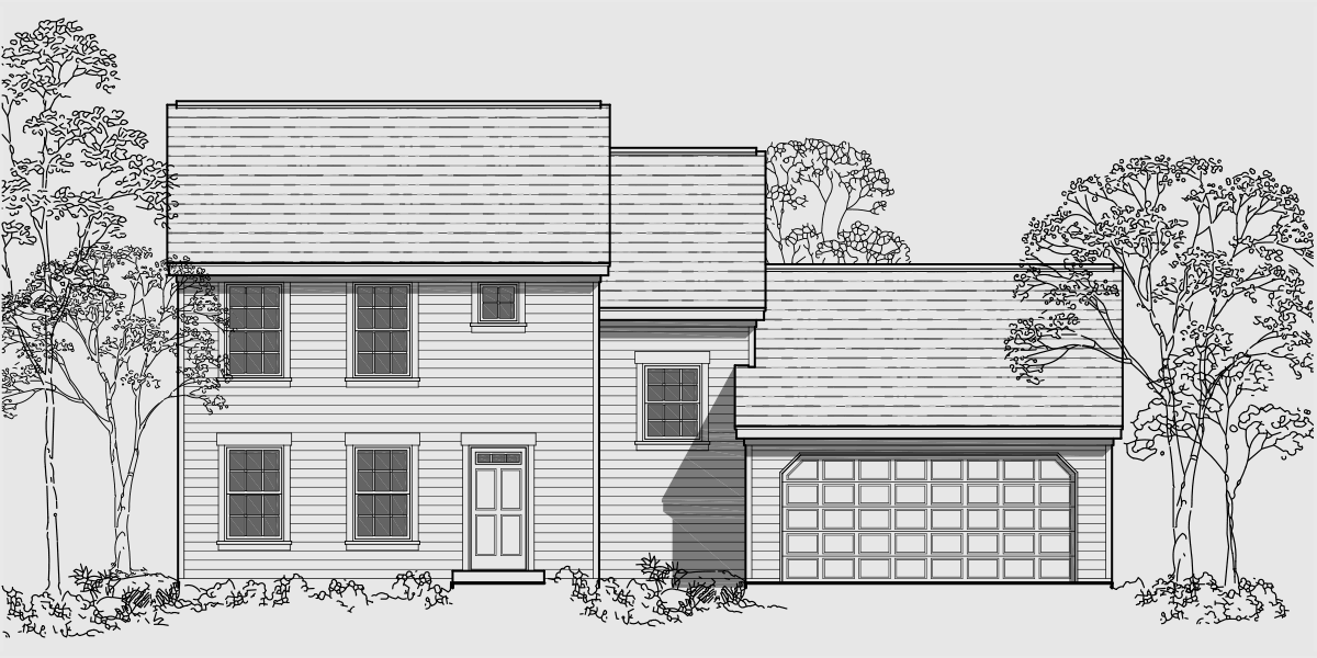 House front drawing elevation view for 9952 Colonial House Plan 3 Bedroom, 2 Bath, 2 Car Garage