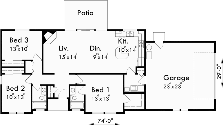 Main Floor Plan for 10065 Single level house plans, corner lot house plans, side load garage house plans, 10065