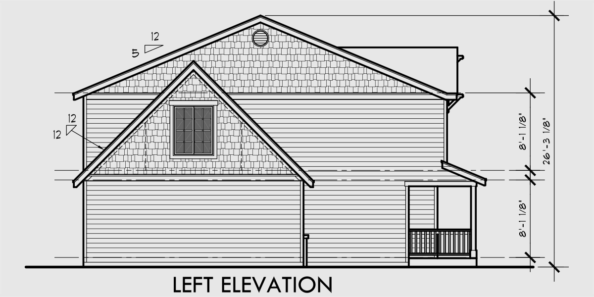 House side elevation view for 9993 Narrow Lot House Plan, 4 bedroom house plan, bonus room plan, 9993 