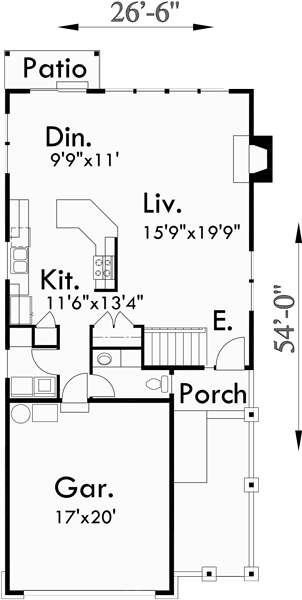 Main Floor Plan for 9995 Narrow lot house plans, 3 bedroom house plans, two story house plans, 9995