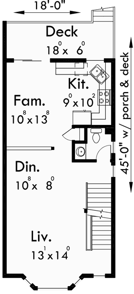 Main Floor Plan for D-487 Narrow row house plans, duplex house plans, two master suite house plans, D-487