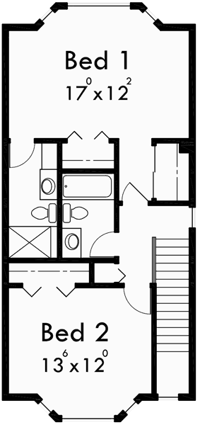Upper Floor Plan for D-487 Narrow row house plans, duplex house plans, two master suite house plans, D-487