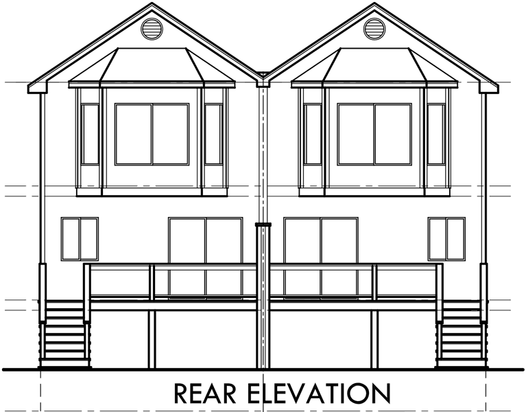 House side elevation view for D-487 Narrow row house plans, duplex house plans, two master suite house plans, D-487