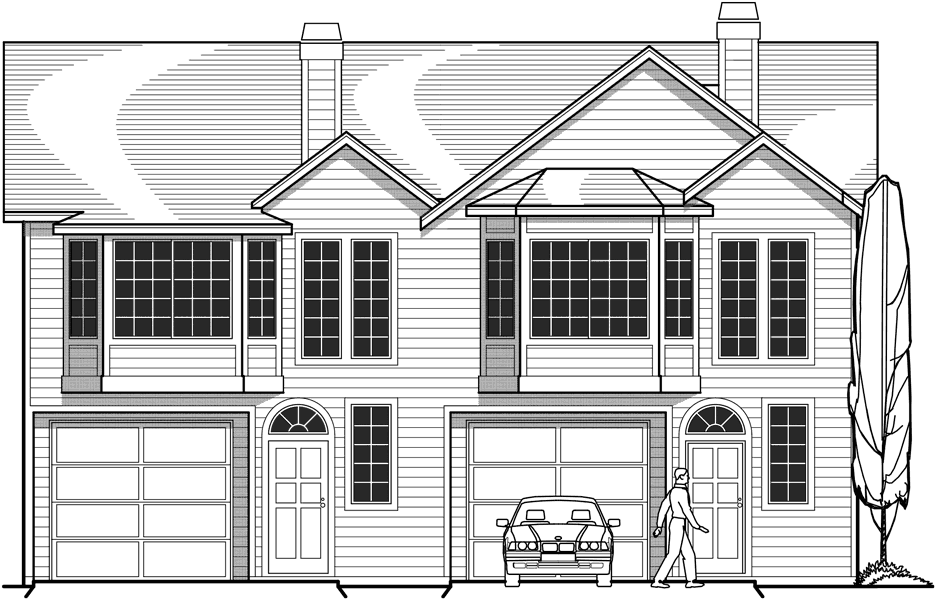 House side elevation view for D-384 Duplex house plans, town house plans, reverse living house plans, D-384