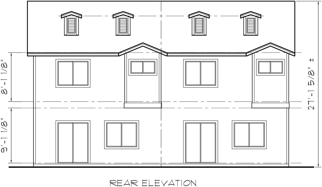 House front drawing elevation view for D-384 Duplex house plans, town house plans, reverse living house plans, D-384