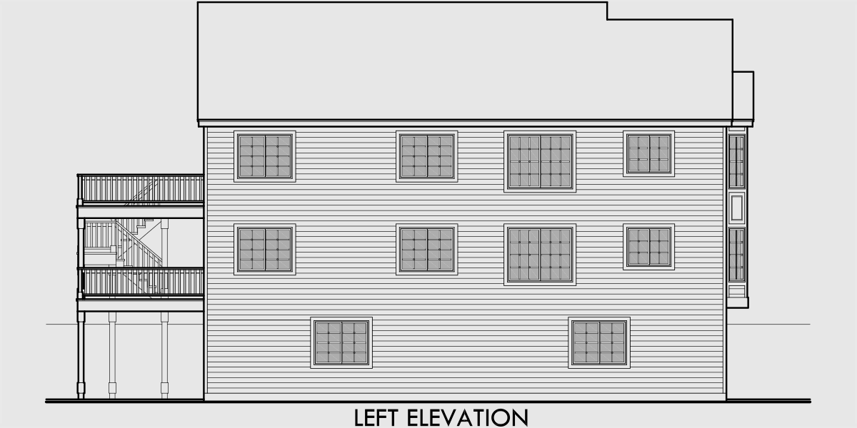 House rear elevation view for D-439 Stacked Duplex House Plans, duplex house plans with garage, narrow lot duplex plans, up and down duplex house plans, D-439