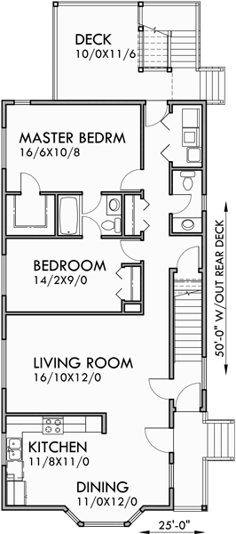 Main Floor Plan for D-439 Stacked Duplex House Plans, duplex house plans with garage, narrow lot duplex plans, up and down duplex house plans, D-439