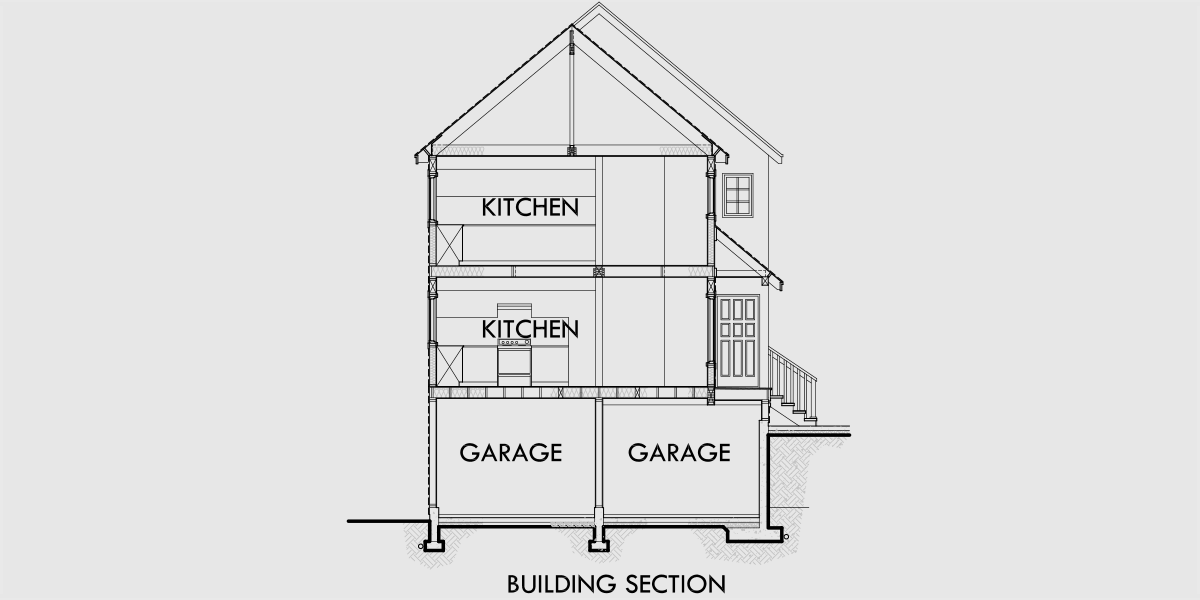 House rear elevation view for D-439 Stacked Duplex House Plans, duplex house plans with garage, narrow lot duplex plans, up and down duplex house plans, D-439