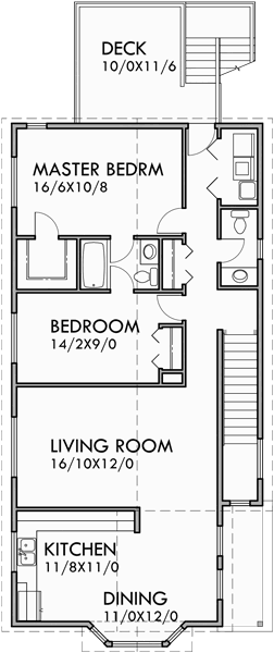 Upper Floor Plan for D-439 Stacked Duplex House Plans, duplex house plans with garage, narrow lot duplex plans, up and down duplex house plans, D-439