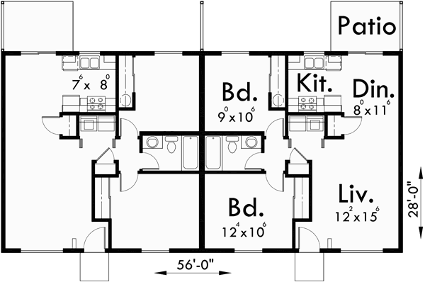 Main Floor Plan for D-024 Duplex House Plan - One Story Ranch