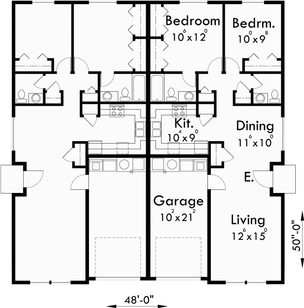 Main Floor Plan for D-449 One story duplex house plans, narrow duplex plans, 2 bedroom duplex house plans, D-449