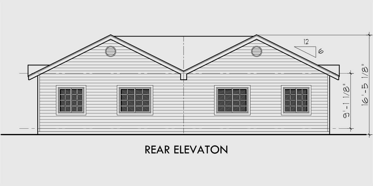 House front drawing elevation view for D-449 One story duplex house plans, narrow duplex plans, 2 bedroom duplex house plans, D-449