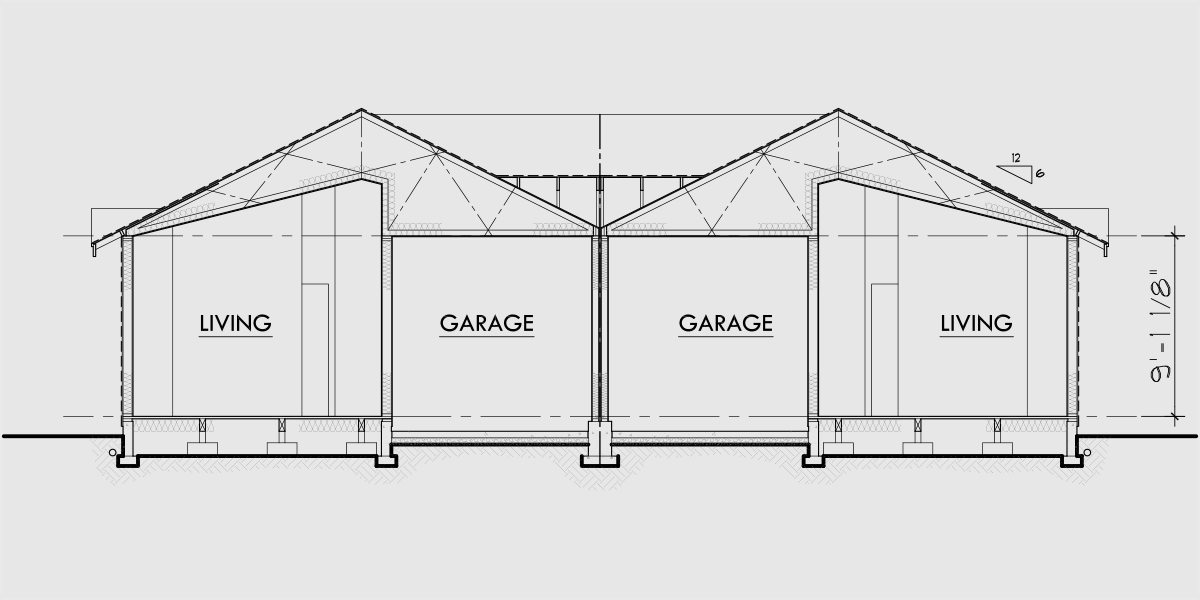 House rear elevation view for D-449 One story duplex house plans, narrow duplex plans, 2 bedroom duplex house plans, D-449