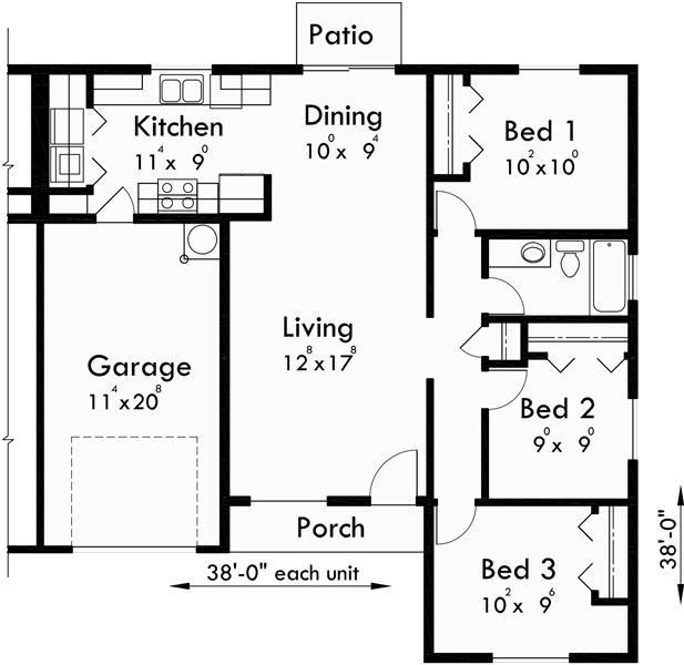 Main Floor Plan for D-516 One story duplex house plans, 3 bedroom duplex plans, duplex plans with garage, D-516