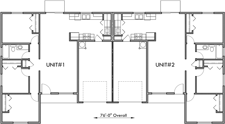 Main Floor Plan 2 for D-516 One story duplex house plans, 3 bedroom duplex plans, duplex plans with garage, D-516