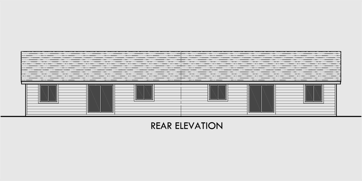 House rear elevation view for D-516 One story duplex house plans, 3 bedroom duplex plans, duplex plans with garage, D-516