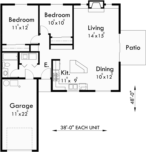 Main Floor Plan for D-484 One story duplex house plans, 2 bedroom duplex plans, duplex plans with garage, D-484