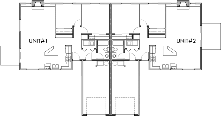 Main Floor Plan 2 for D-484 One story duplex house plans, 2 bedroom duplex plans, duplex plans with garage, D-484