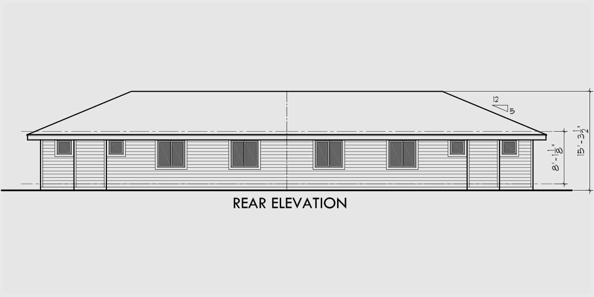 House front drawing elevation view for D-484 One story duplex house plans, 2 bedroom duplex plans, duplex plans with garage, D-484