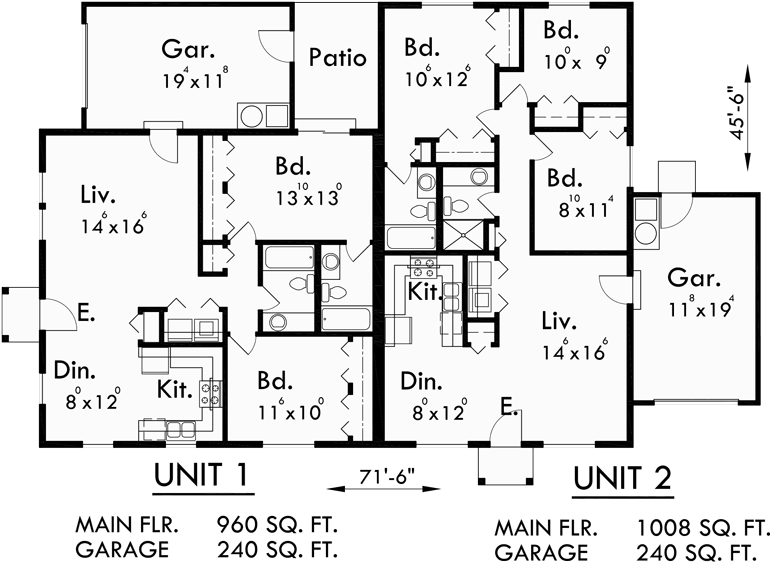 Single Story Duplex House Plan, Corner Lot Duplex Plans, D392