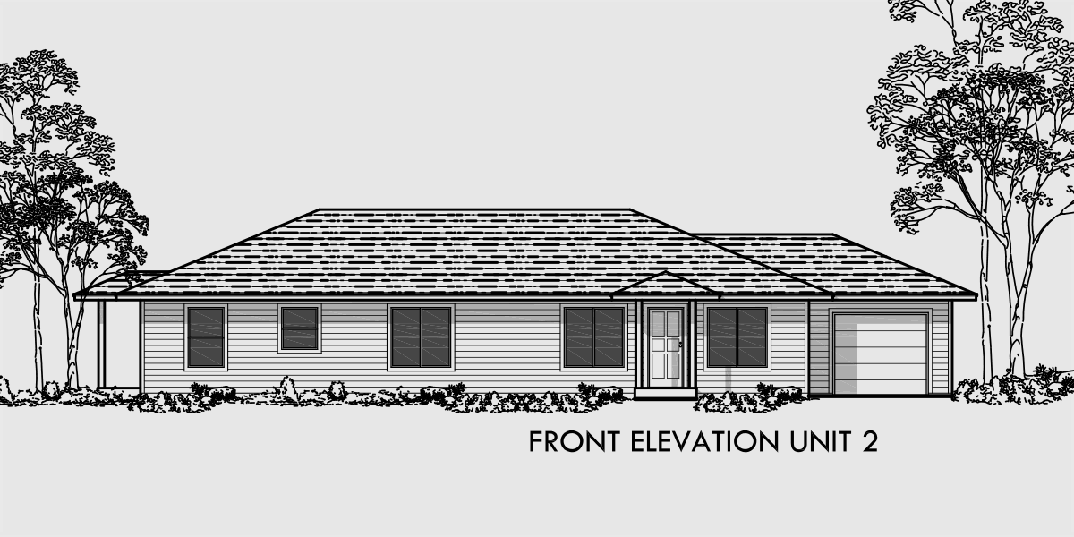 House front color elevation view for D-392 Single story duplex house plans, corner lot duplex house plans, duplex floor plans, D-392