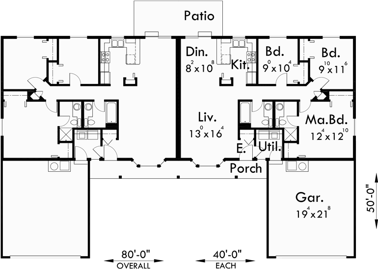 Main Floor Plan 2 for D-353 One story duplex house plans, 3 bedroom duplex plans, duplex plans with garage, duplex house plans with two car garage, D-353