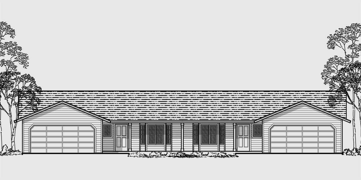 House front drawing elevation view for D-353 One story duplex house plans, 3 bedroom duplex plans, duplex plans with garage, duplex house plans with two car garage, D-353
