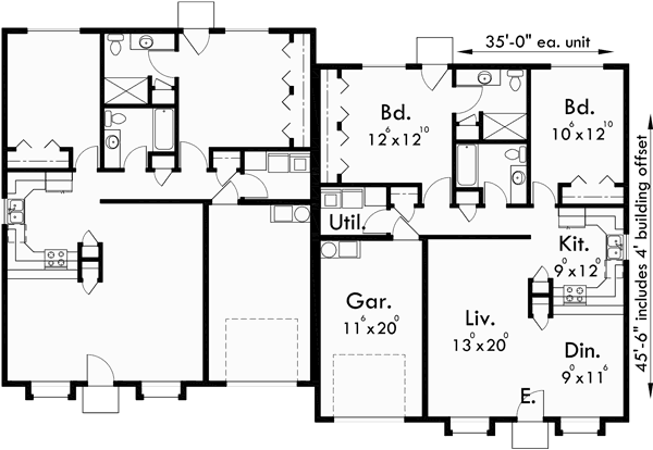 Main Floor Plan for D-410 Single level duplex house plans, 2 bedroom duplex with garage, D-410