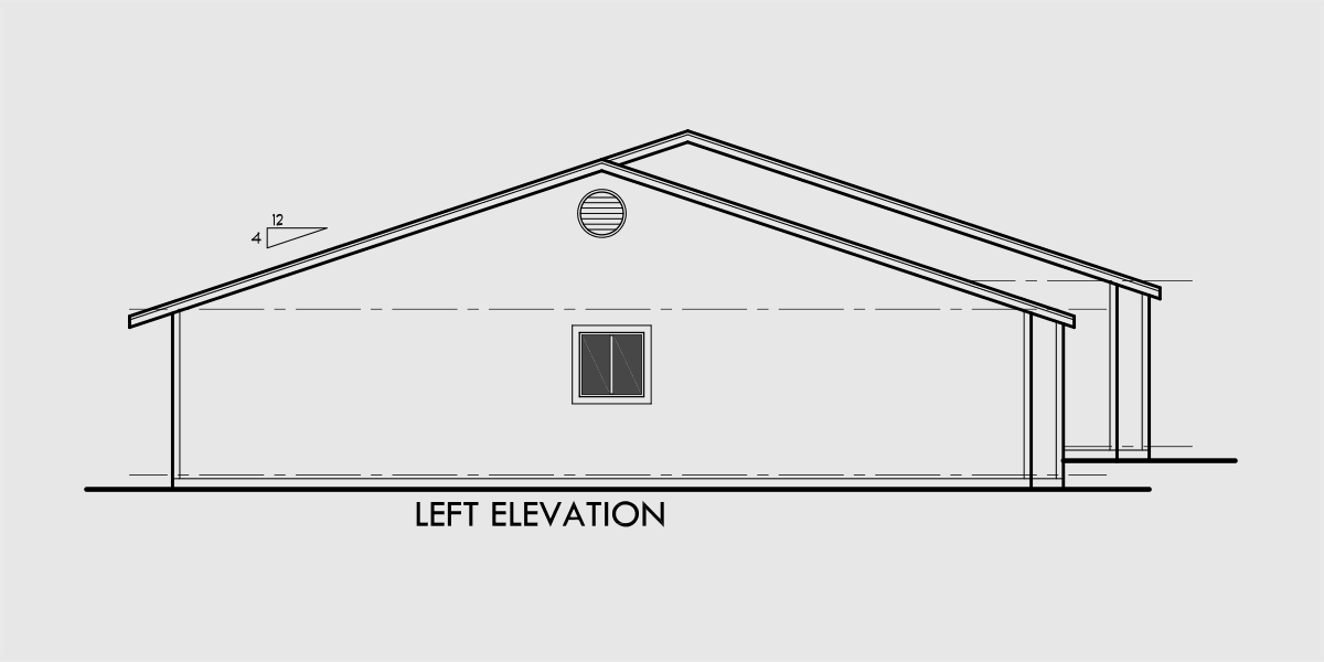 House side elevation view for D-410 Single level duplex house plans, 2 bedroom duplex with garage, D-410