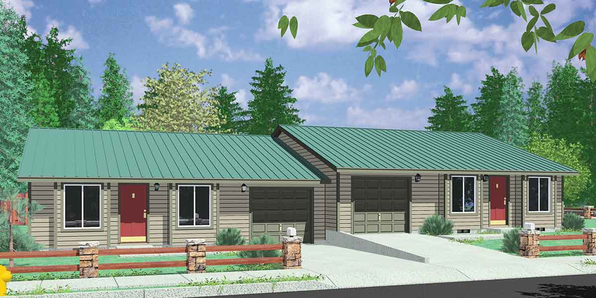 D-410 Single level duplex house plans, 2 bedroom duplex with garage, D-410