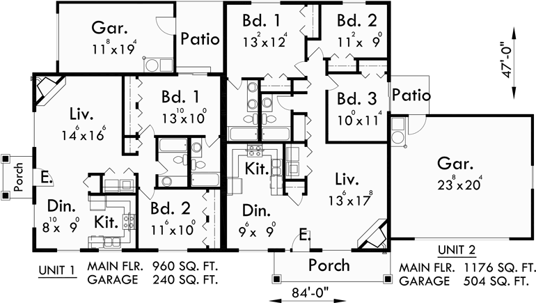  Single  Story  Duplex  House  Plan  Corner Lot Duplex  House  