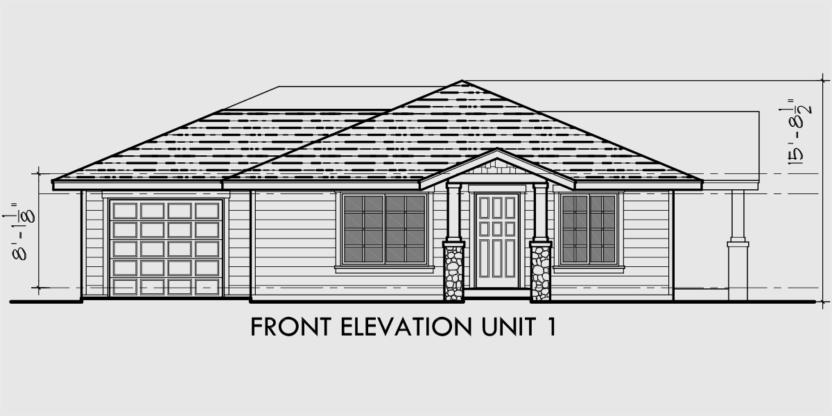 House front drawing elevation view for D-497 Single story  duplex house plans, corner lot duplex house plans, duplex house plans with garage, corner lot duplex floor plans, D-497