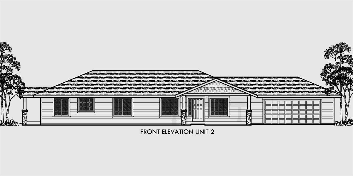 House front color elevation view for D-497 Single story  duplex house plans, corner lot duplex house plans, duplex house plans with garage, corner lot duplex floor plans, D-497