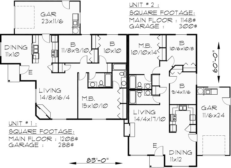 Main Floor Plan for D-440 One Story Duplex House Plan for Corner Lot