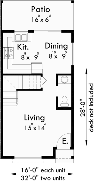 Main Floor Plan for D-494 Duplex house plans, narrow lot duplex house plans, small duplex house plans, two story duplex house plans, D-494