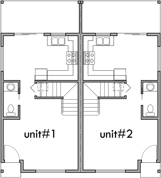 Main Floor Plan 2 for D-494 Duplex house plans, narrow lot duplex house plans, small duplex house plans, two story duplex house plans, D-494