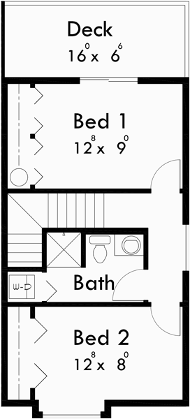 Upper Floor Plan for D-494 Duplex house plans, narrow lot duplex house plans, small duplex house plans, two story duplex house plans, D-494