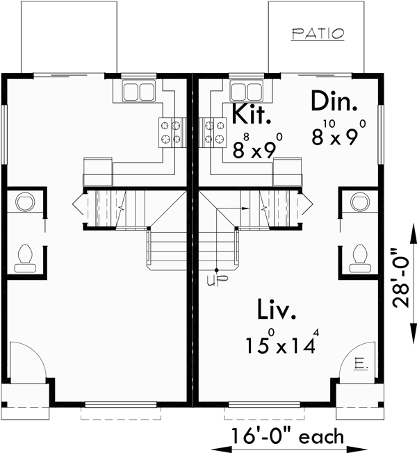 Main Floor Plan for D-406 Duplex house plans, narrow lot duplex house plans, craftsman duplex house plans, small duplex house plans, D-406
