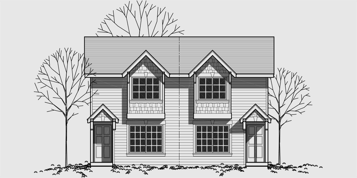House rear elevation view for D-406 Duplex house plans, narrow lot duplex house plans, craftsman duplex house plans, small duplex house plans, D-406