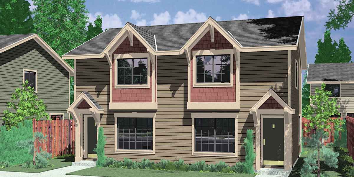 House front color elevation view for D-406 Duplex house plans, narrow lot duplex house plans, craftsman duplex house plans, small duplex house plans, D-406