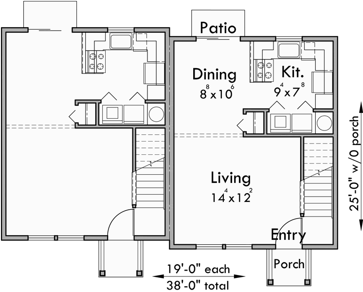 Main Floor Plan for D-501 Duplex house plans, small duplex house plans, narrow duplex house plans, two bedroom duplex house plans, D-501