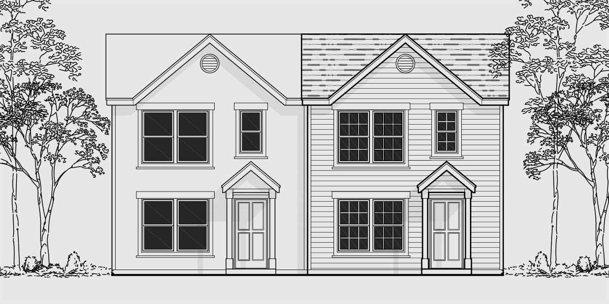 House front color elevation view for D-501 Duplex house plans, small duplex house plans, narrow duplex house plans, two bedroom duplex house plans, D-501