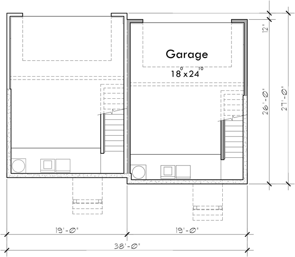 Lower Floor Plan 2 for Duplex house plans with basement, 2 bedroom duplex plans, sloping lot duplex plans, duplex plans with 2 car garage, narrow duplex house plans, D-339