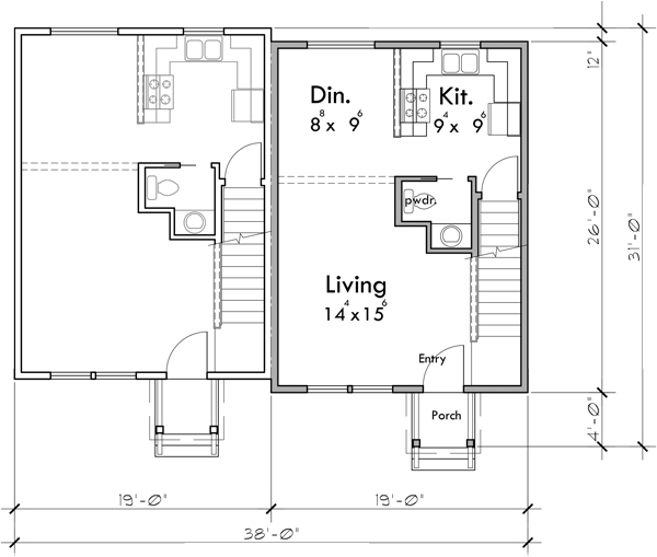 Main Floor Plan 2 for D-339 Duplex house plans with basement, 2 bedroom duplex plans, sloping lot duplex plans, duplex plans with 2 car garage, narrow duplex house plans, D-339