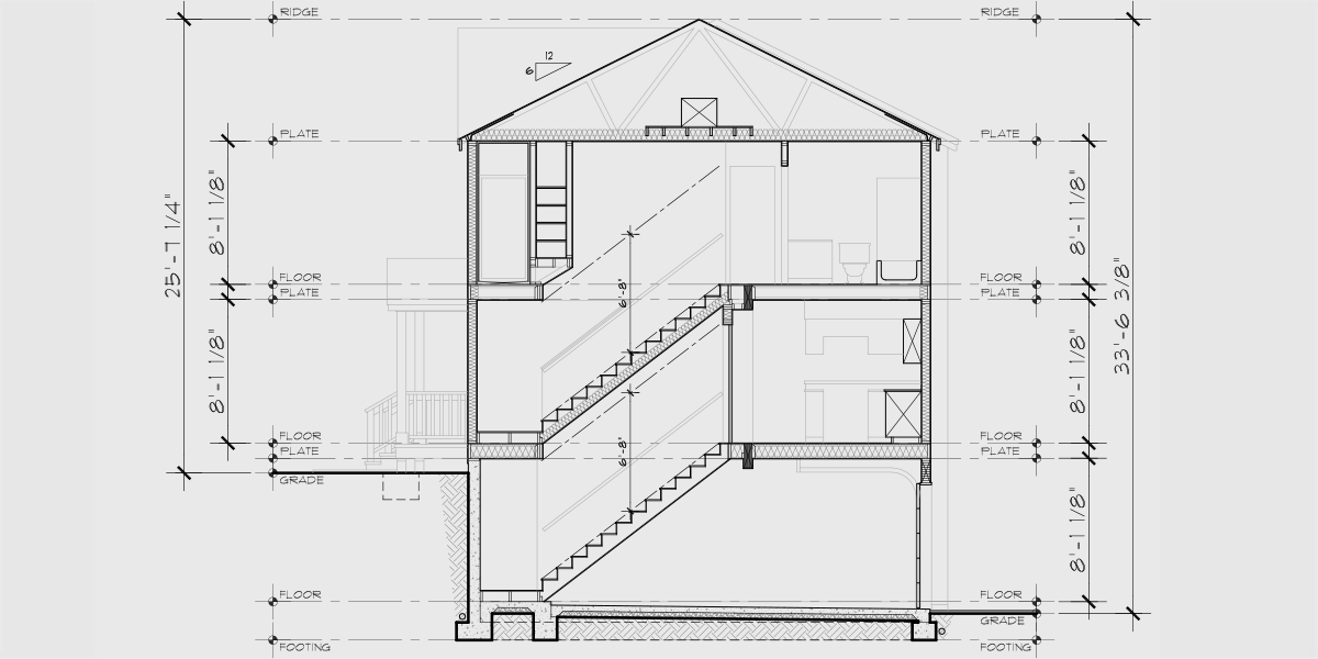 House rear elevation view for D-339 Duplex house plans with basement, 2 bedroom duplex plans, sloping lot duplex plans, duplex plans with 2 car garage, narrow duplex house plans, D-339