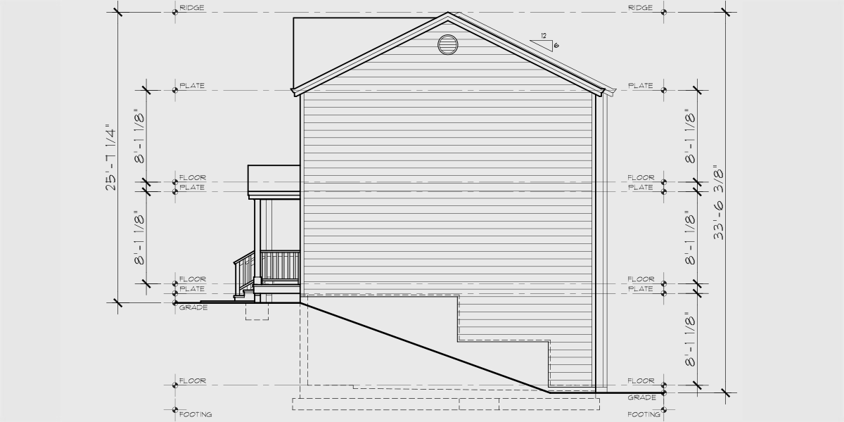 House side elevation view for D-339 Duplex house plans with basement, 2 bedroom duplex plans, sloping lot duplex plans, duplex plans with 2 car garage, narrow duplex house plans, D-339