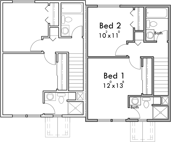 Upper Floor Plan 2 for Duplex house plans with basement, 2 bedroom duplex plans, sloping lot duplex plans, duplex plans with 2 car garage, narrow duplex house plans, D-339