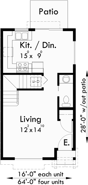 Main Floor Plan for F-536 4 plex  plans, 2 story townhouse, 2 bedroom 4 plex plans, 16 ft wide house plans, F-536