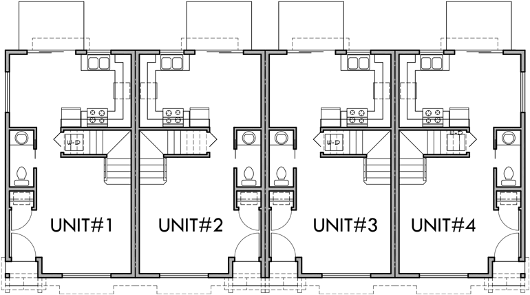 Main Floor Plan 2 for F-536 4 plex  plans, 2 story townhouse, 2 bedroom 4 plex plans, 16 ft wide house plans, F-536