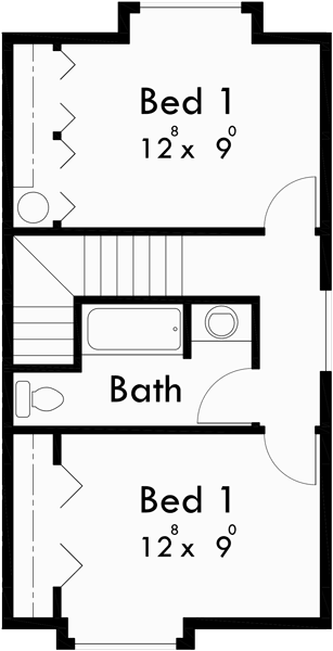 Upper Floor Plan for F-536 4 plex  plans, 2 story townhouse, 2 bedroom 4 plex plans, 16 ft wide house plans, F-536